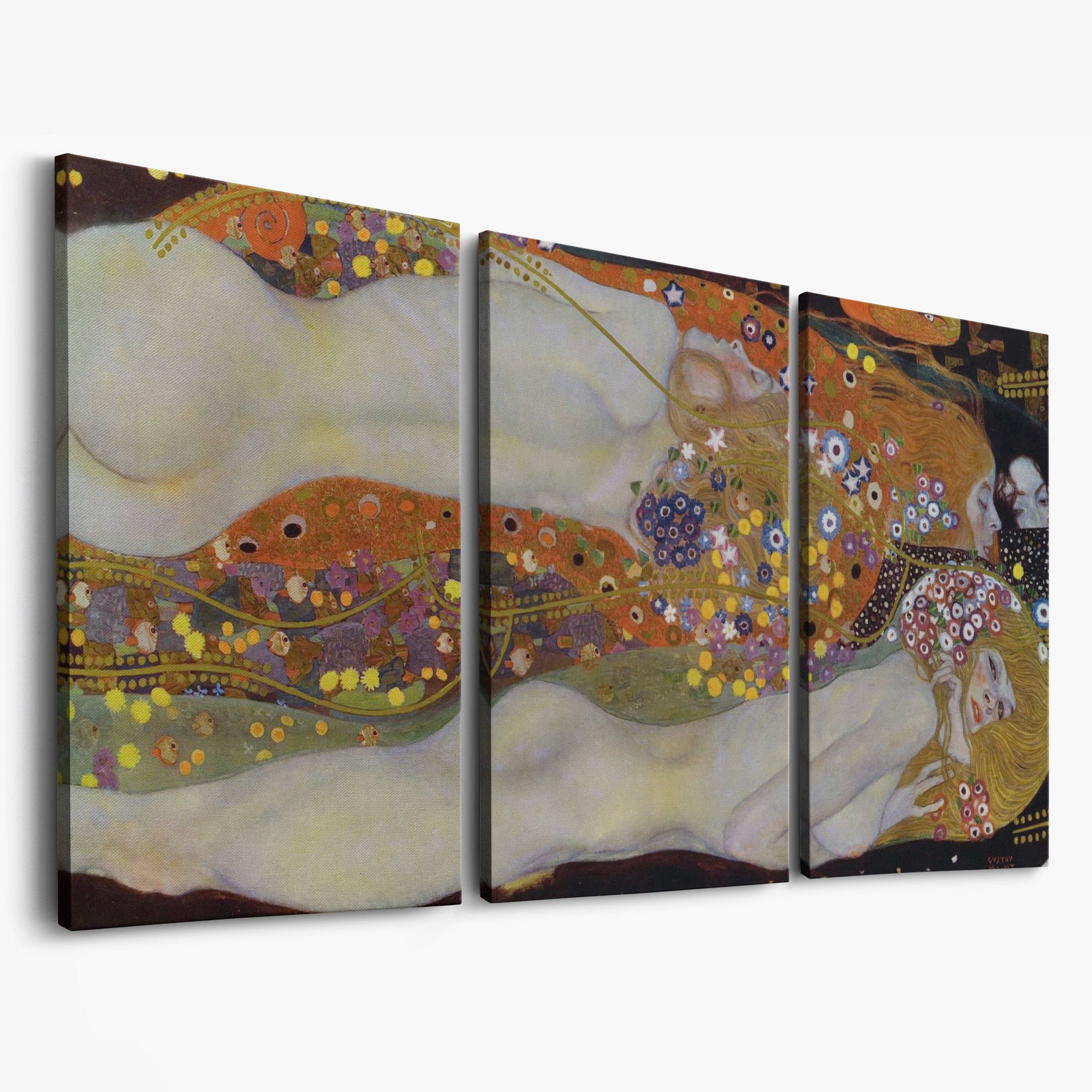 Three Graces Canvas Art, Klimt-Style Figures with Floral Hair as 3-panel split version