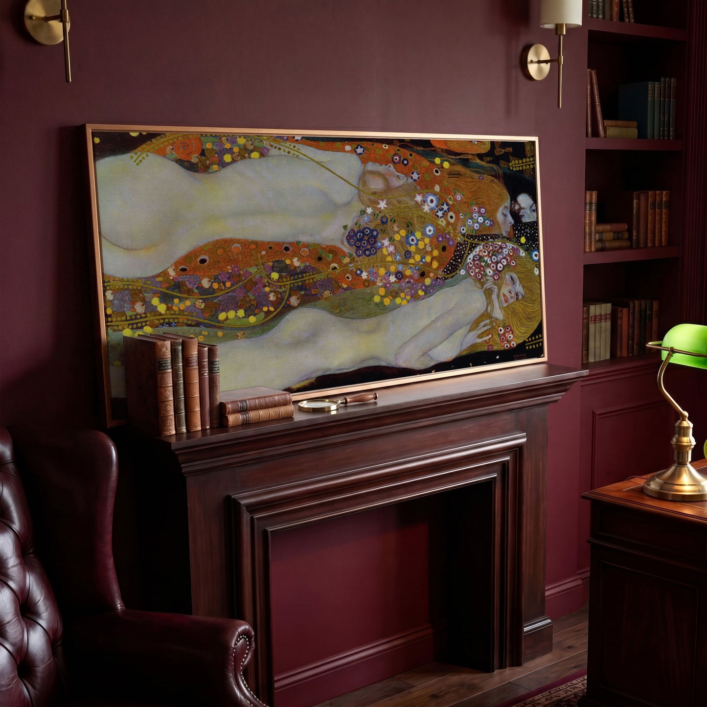 Three Graces Canvas Art, Klimt-Style Figures with Floral Hair in antique gold floating frame