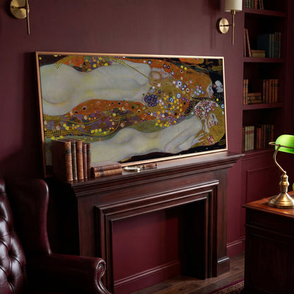 Three Graces Canvas Art, Klimt-Style Figures with Floral Hair in antique gold floating frame