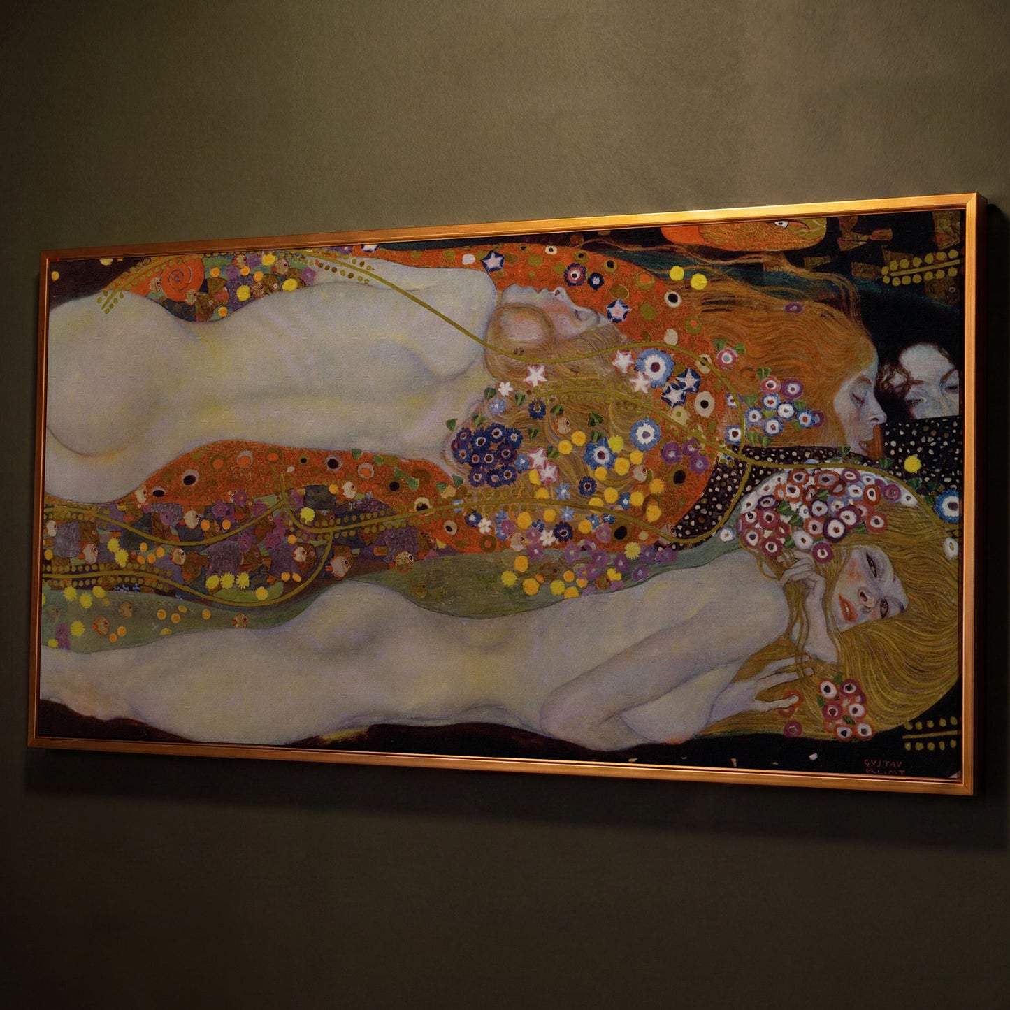 Three Graces Canvas Art, Klimt-Style Figures with Floral Hair shown in antique gold floating frame