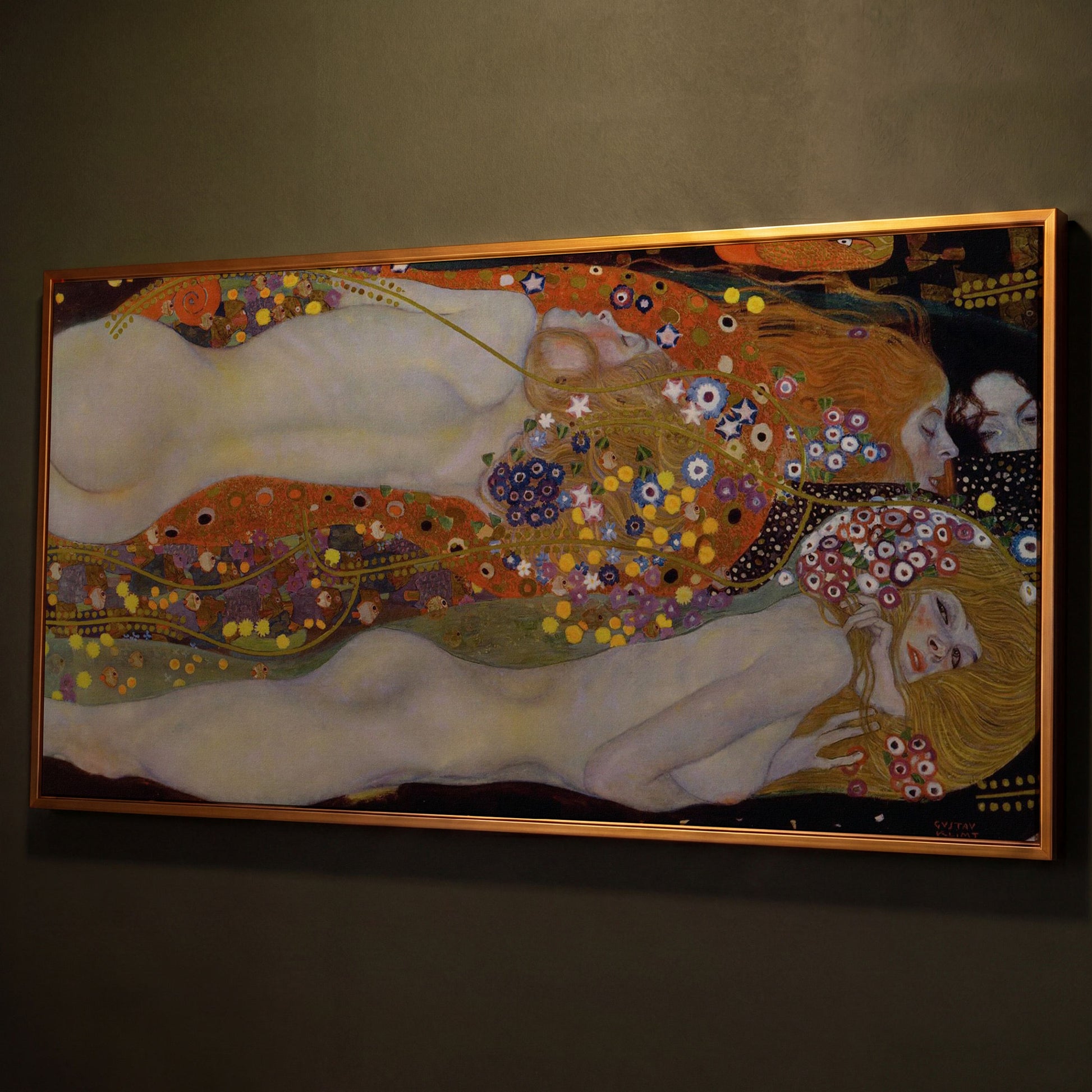 Three Graces Canvas Art, Klimt-Style Figures with Floral Hair shown in antique gold floating frame