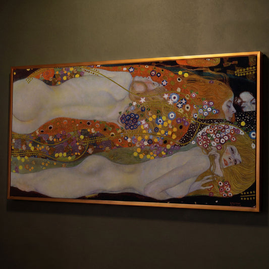 Three Graces Canvas Art, Klimt-Style Figures with Floral Hair shown in antique gold floating frame