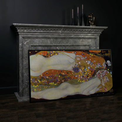 Three Graces Canvas Art, Klimt-Style Figures with Floral Hair in black floating frame