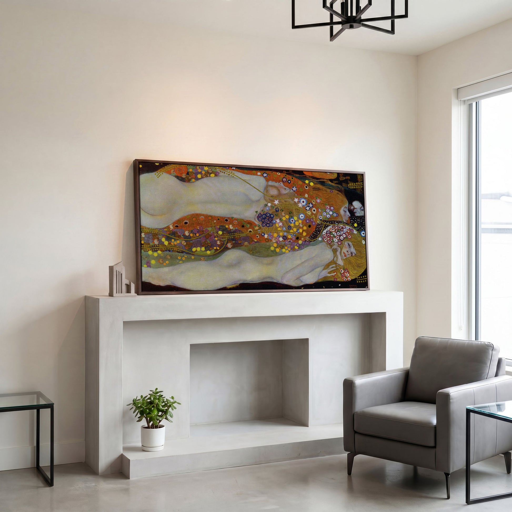 Three Graces Canvas Art, Klimt-Style Figures with Floral Hair in dark walnut floating frame
