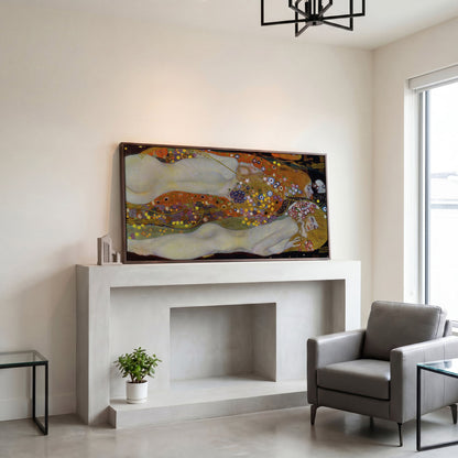 Three Graces Canvas Art, Klimt-Style Figures with Floral Hair in dark walnut floating frame