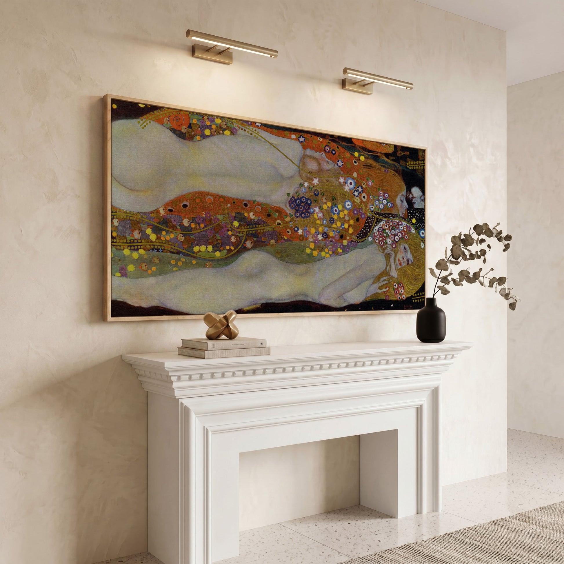 Three Graces Canvas Art, Klimt-Style Figures with Floral Hair in white oak floating frame