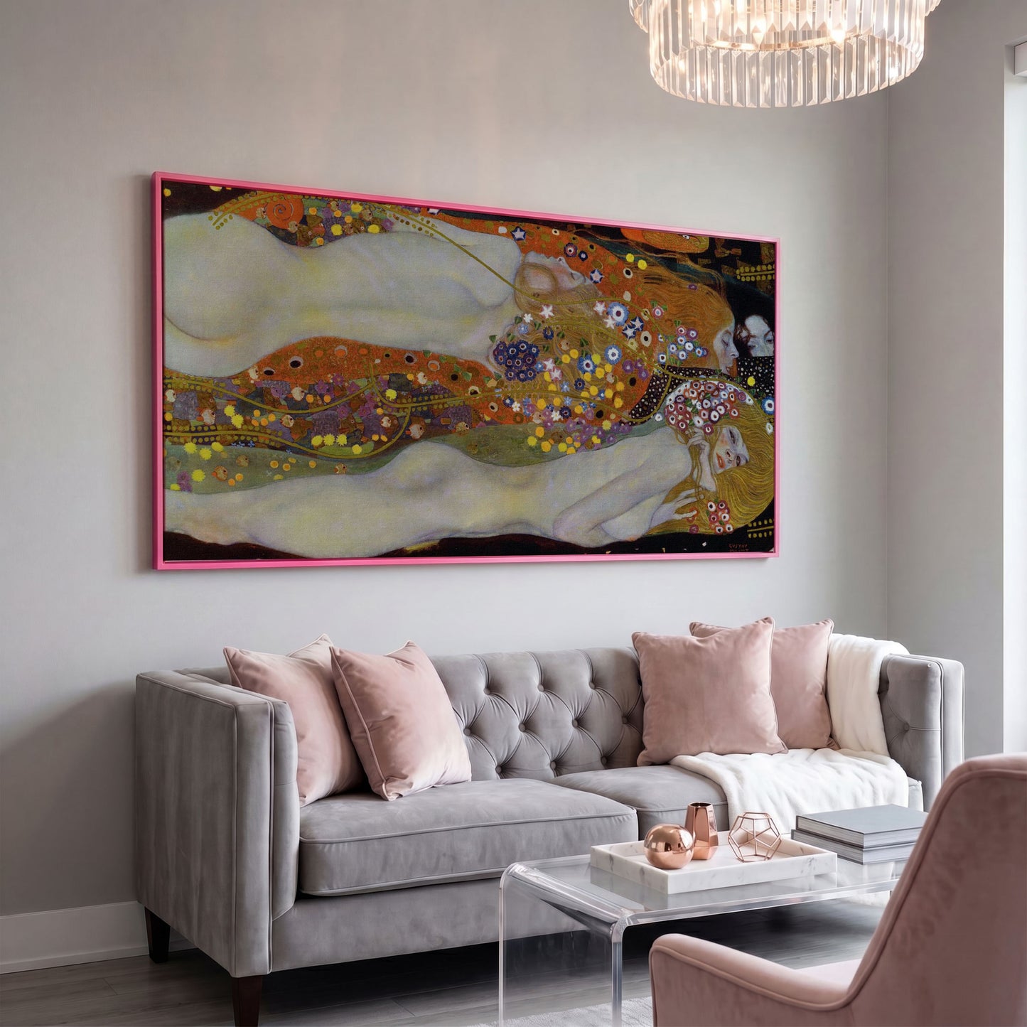 Three Graces Canvas Art, Klimt-Style Figures with Floral Hair in pink floating frame
