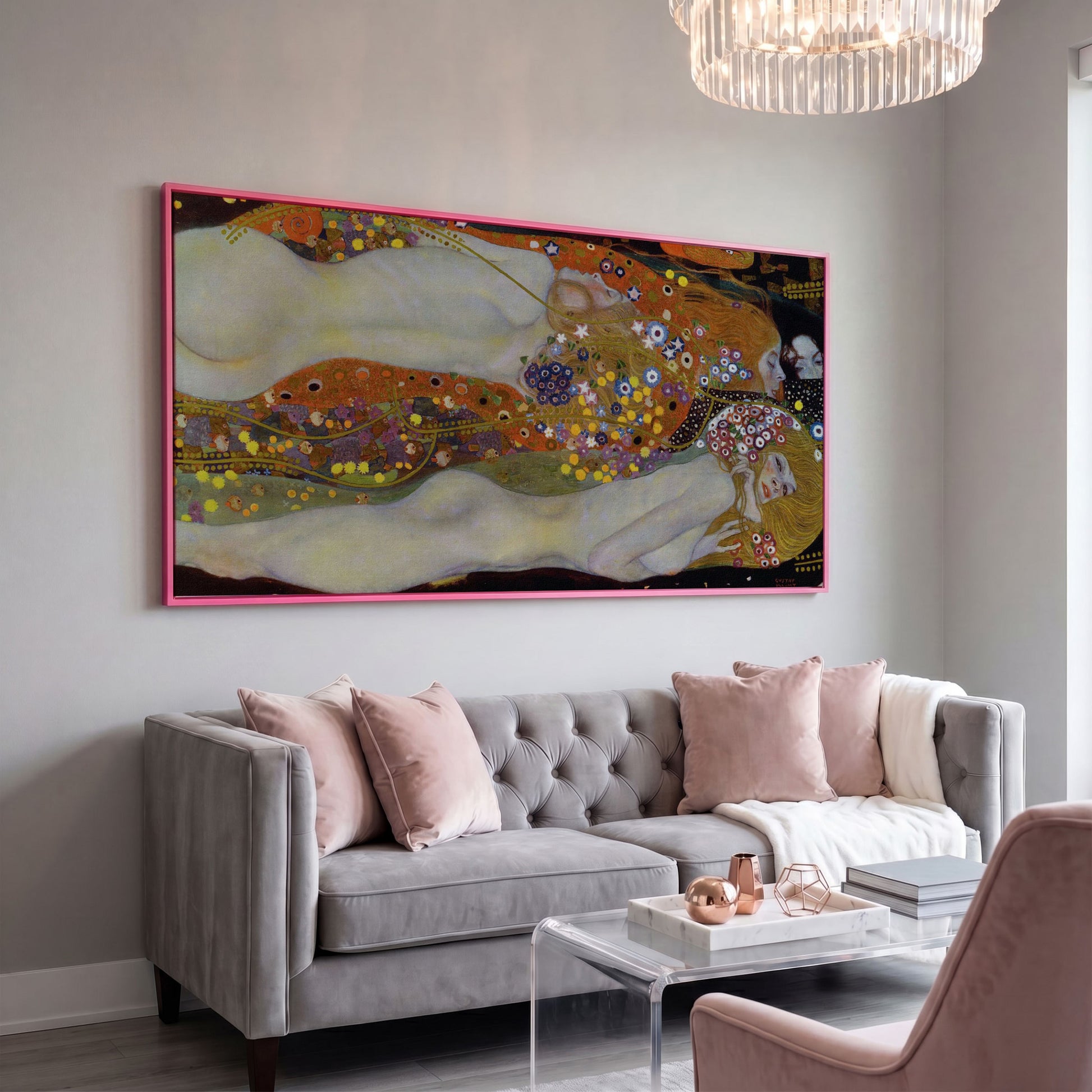 Three Graces Canvas Art, Klimt-Style Figures with Floral Hair in pink floating frame
