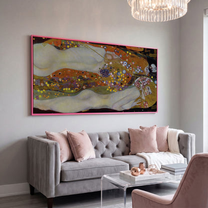 Three Graces Canvas Art, Klimt-Style Figures with Floral Hair in pink floating frame
