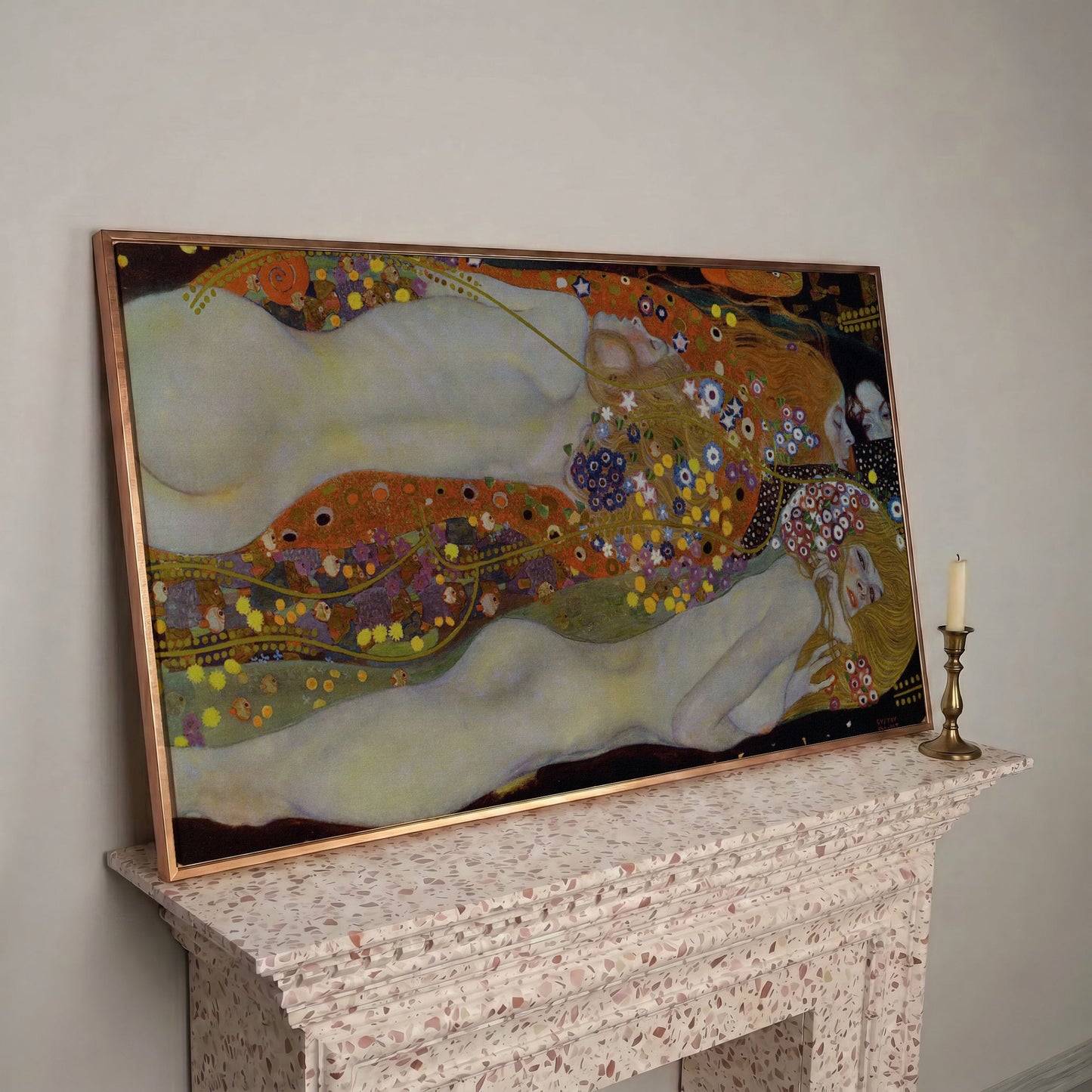 Three Graces Canvas Art, Klimt-Style Figures with Floral Hair in rose gold floating frame