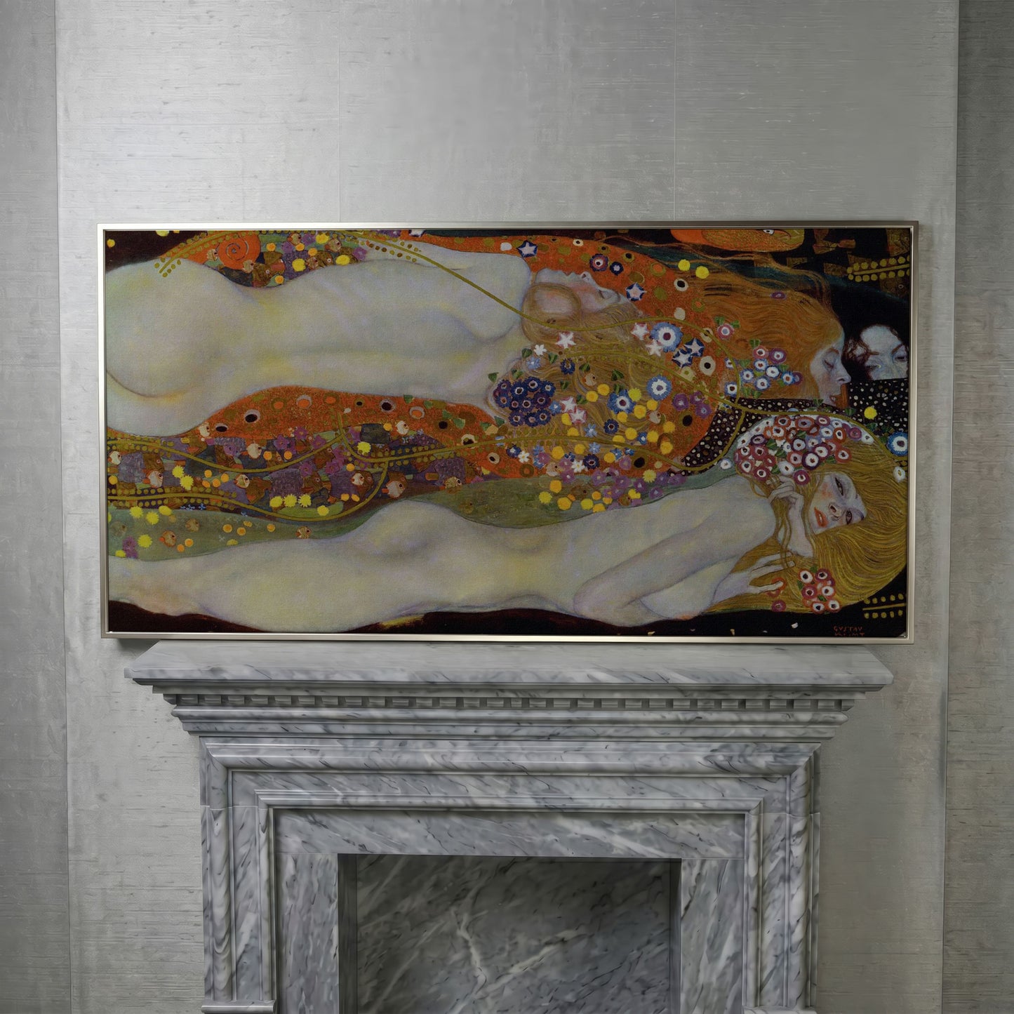 Three Graces Canvas Art, Klimt-Style Figures with Floral Hair in silver floating frame