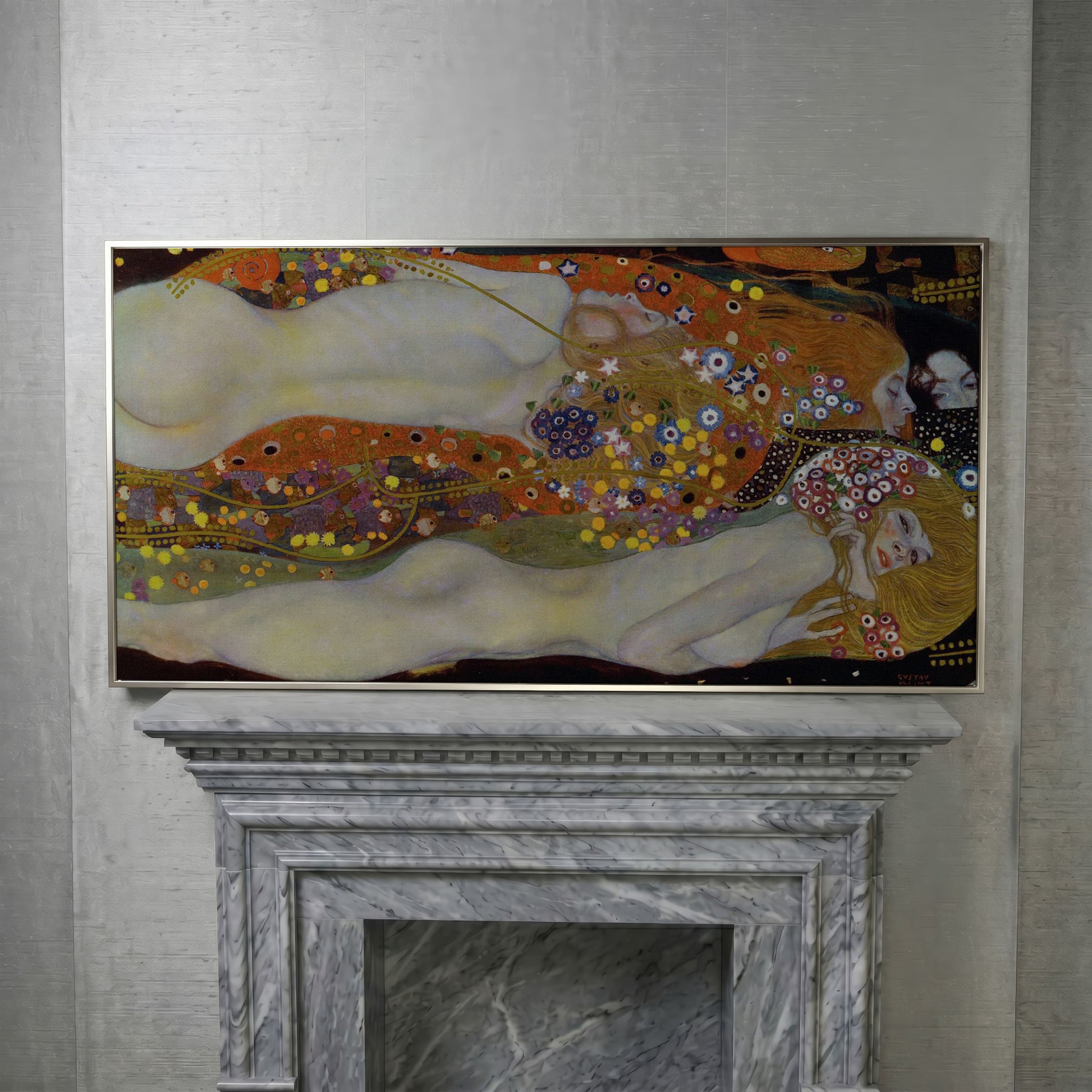 Three Graces Canvas Art, Klimt-Style Figures with Floral Hair in silver floating frame