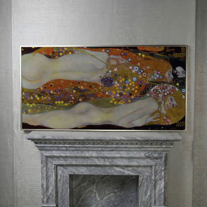 Three Graces Canvas Art, Klimt-Style Figures with Floral Hair in silver floating frame