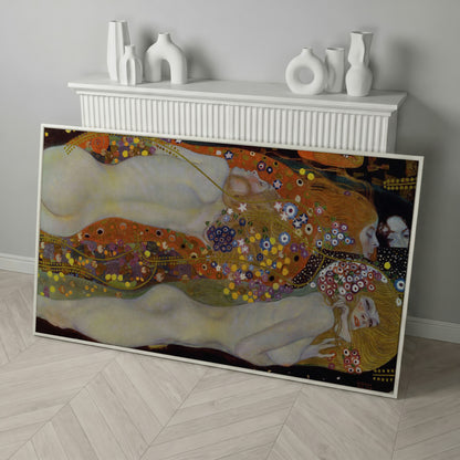 Three Graces Canvas Art, Klimt-Style Figures with Floral Hair in white floating frame