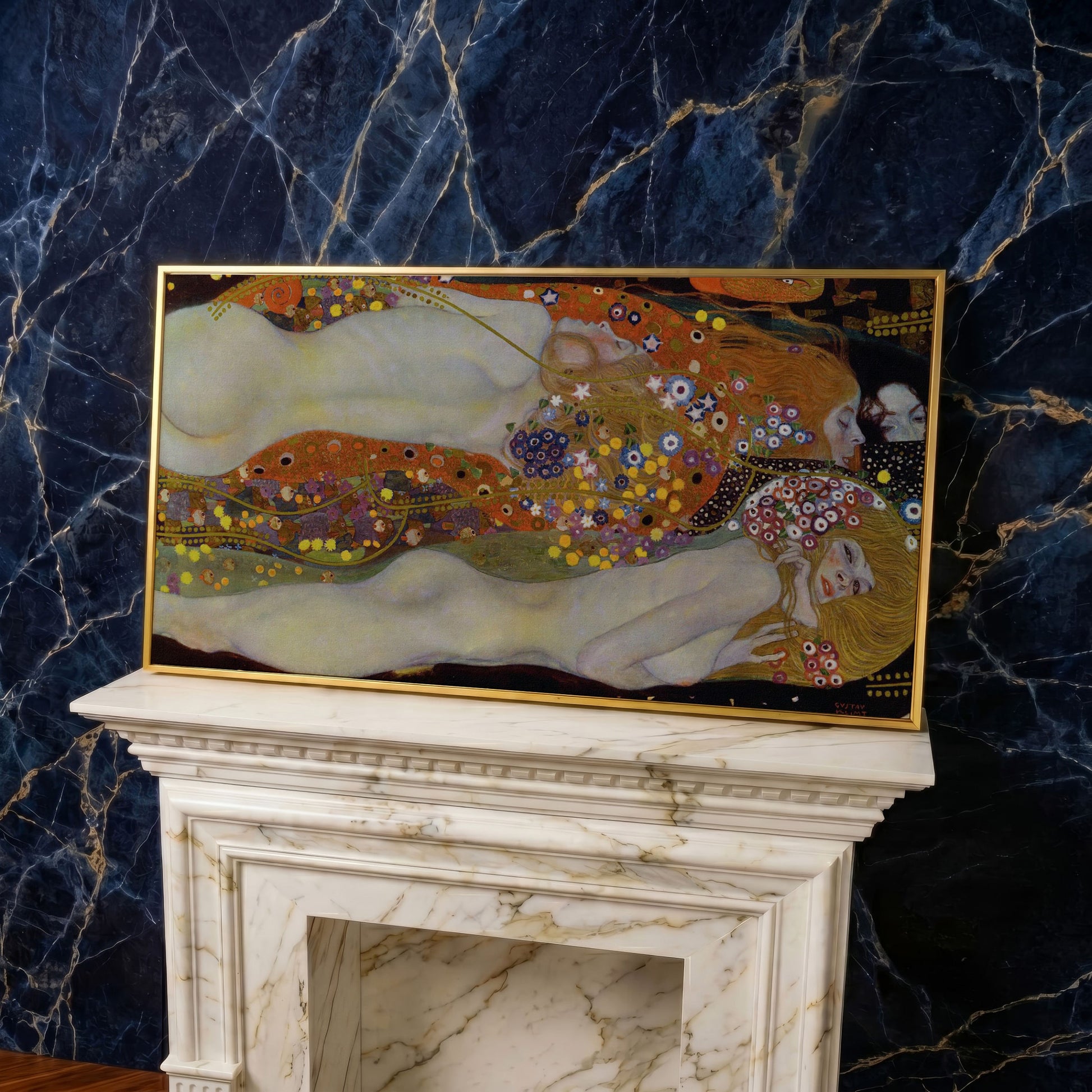 Three Graces Canvas Art, Klimt-Style Figures with Floral Hair in yellow gold floating frame
