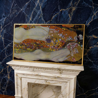 Three Graces Canvas Art, Klimt-Style Figures with Floral Hair in yellow gold floating frame