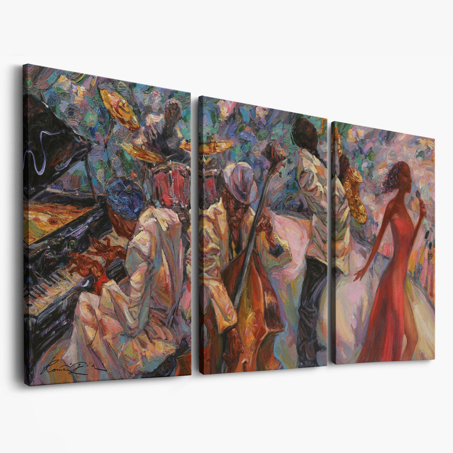 Jazz Band Canvas Art with Singer, Piano and Sax as 3-panel split version
