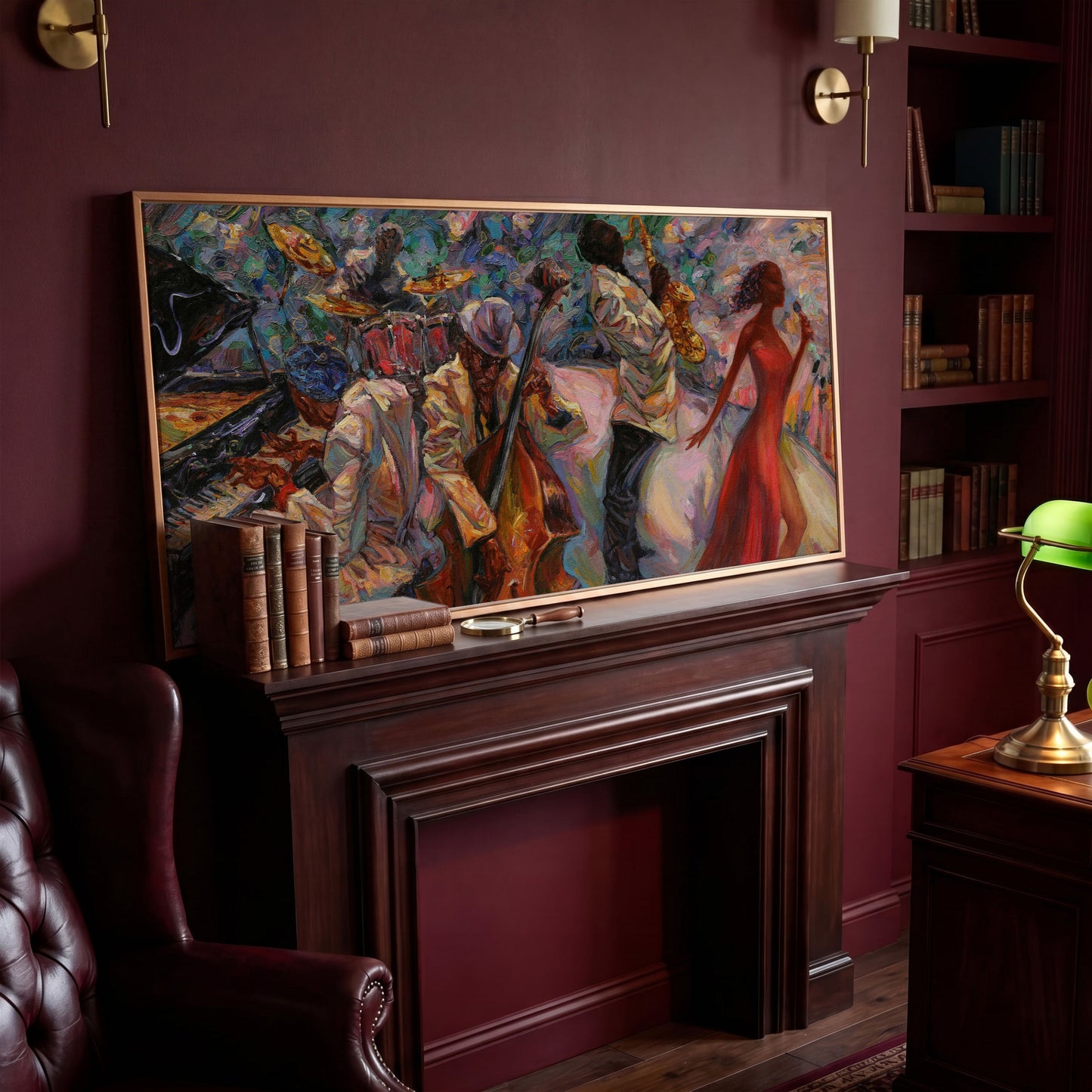 Jazz Band Canvas Art with Singer, Piano and Sax in antique gold floating frame