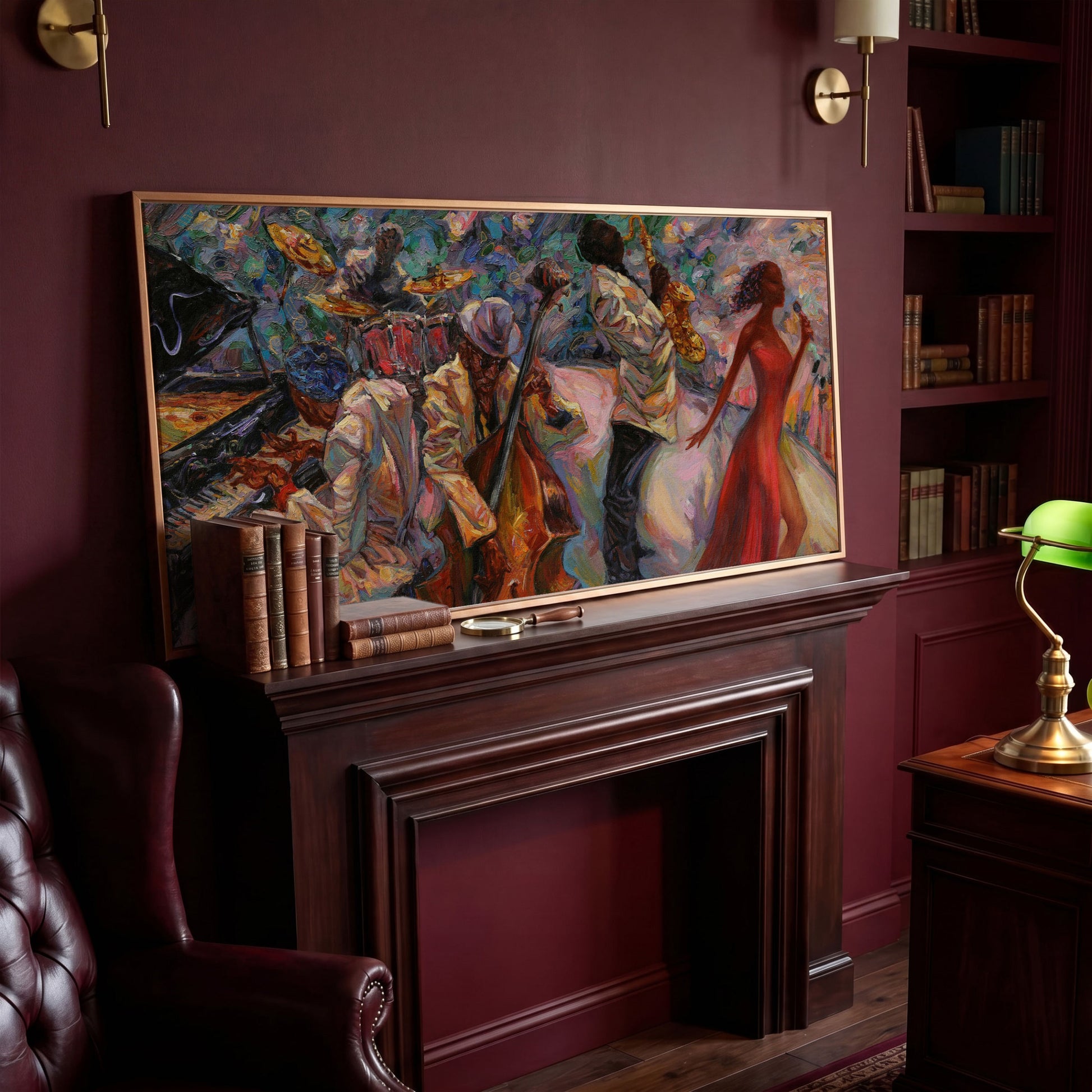 Jazz Band Canvas Art with Singer, Piano and Sax in antique gold floating frame