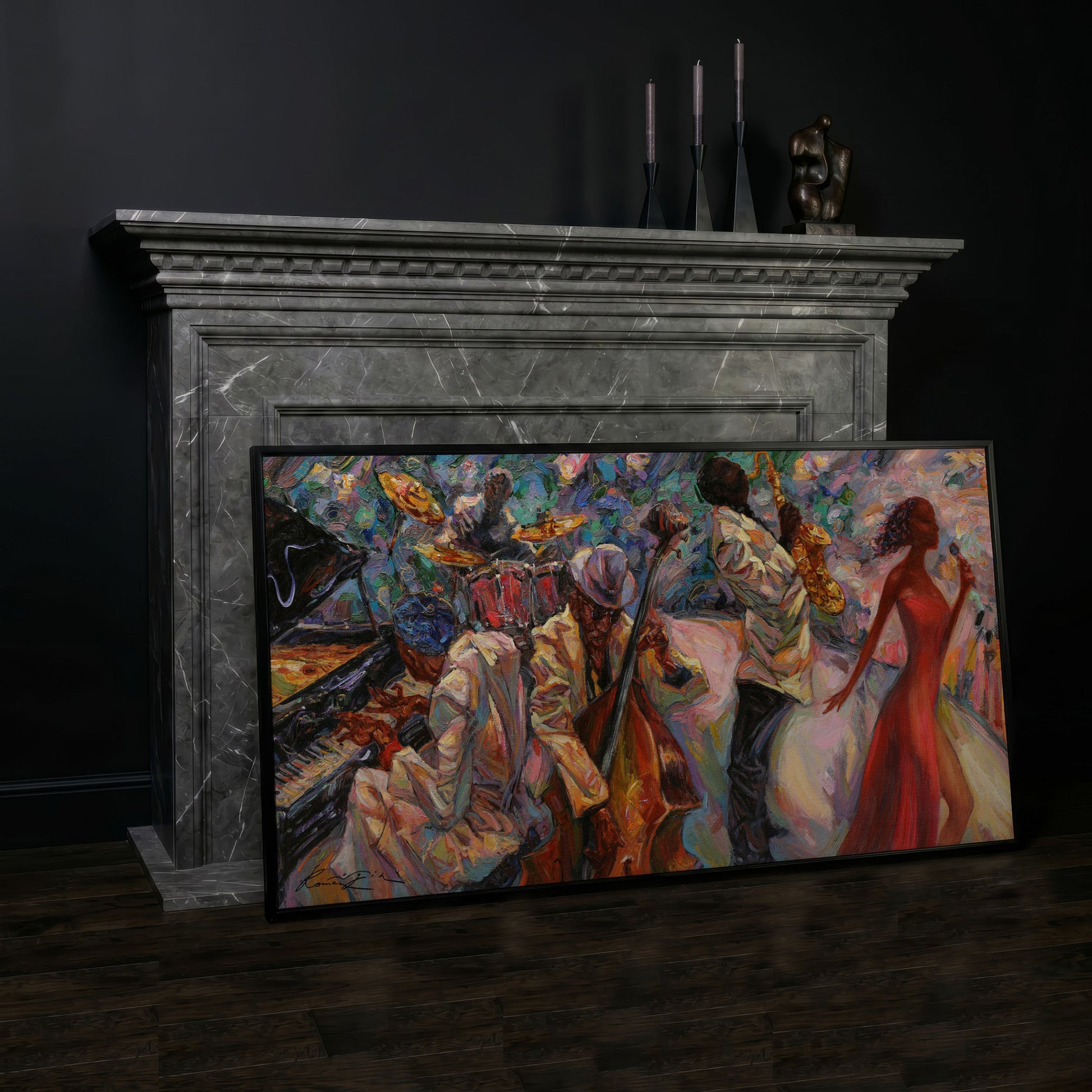Jazz Band Canvas Art with Singer, Piano and Sax in black floating frame