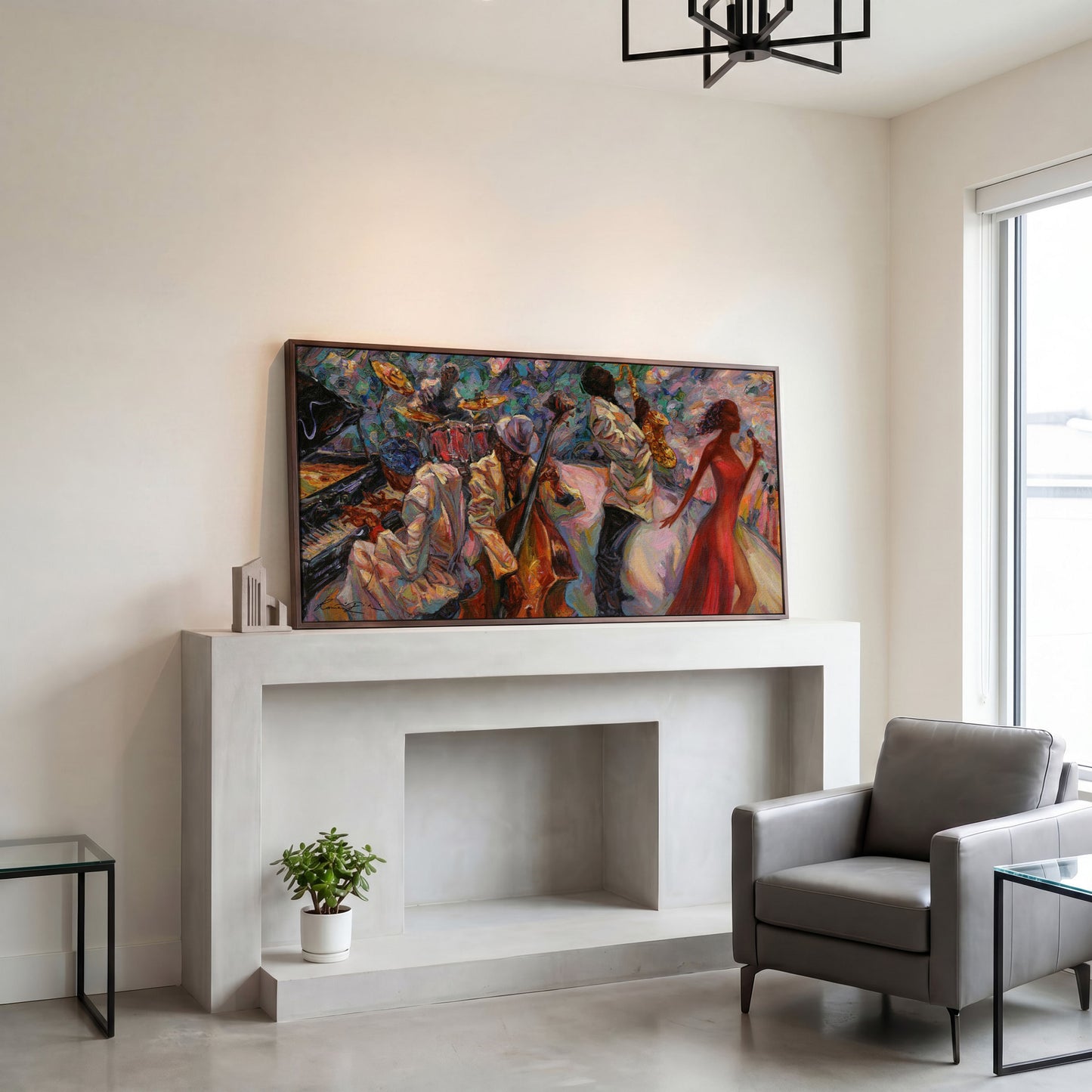 Jazz Band Canvas Art with Singer, Piano and Sax in dark walnut floating frame