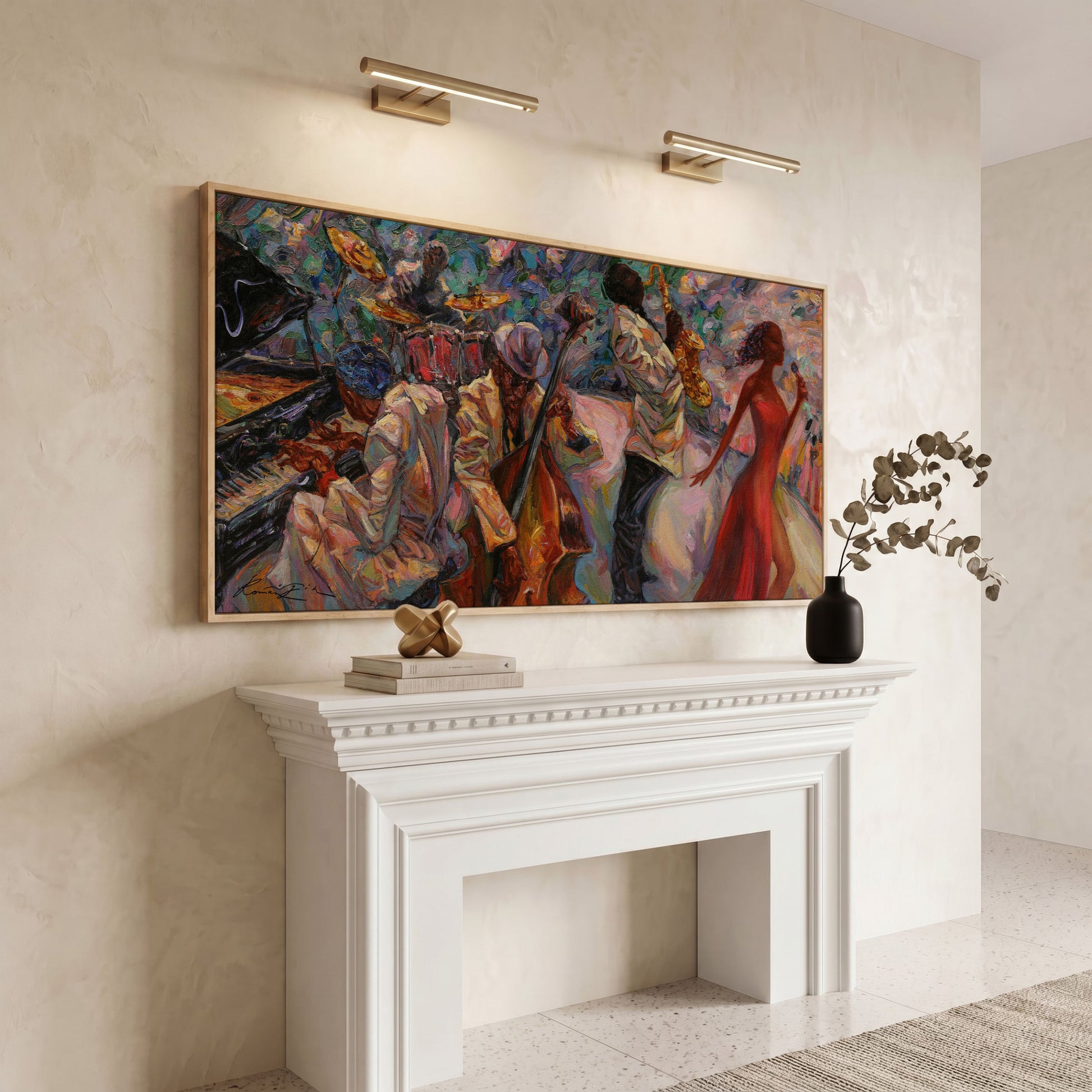 Jazz Band Canvas Art with Singer, Piano and Sax in white oak floating frame