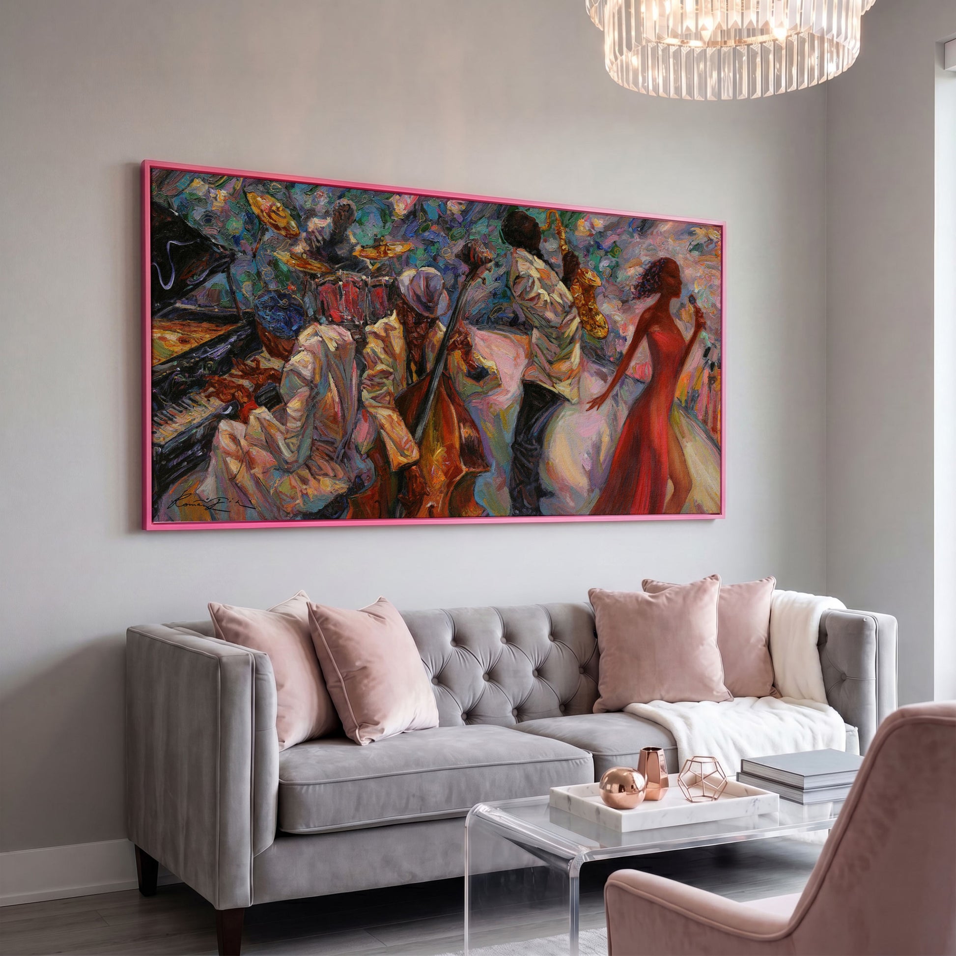 Jazz Band Canvas Art with Singer, Piano and Sax in pink floating frame
