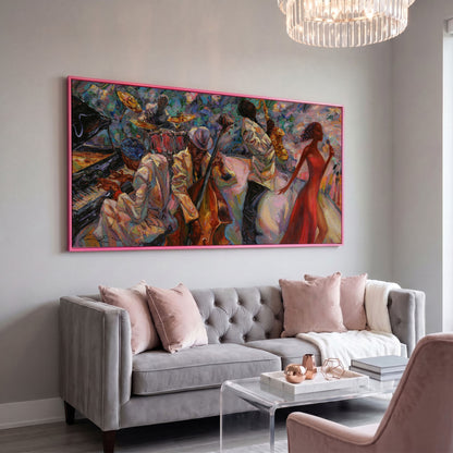 Jazz Band Canvas Art with Singer, Piano and Sax in pink floating frame