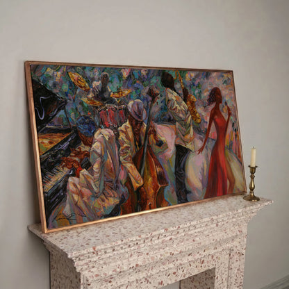 Jazz Band Canvas Art with Singer, Piano and Sax in rose gold floating frame
