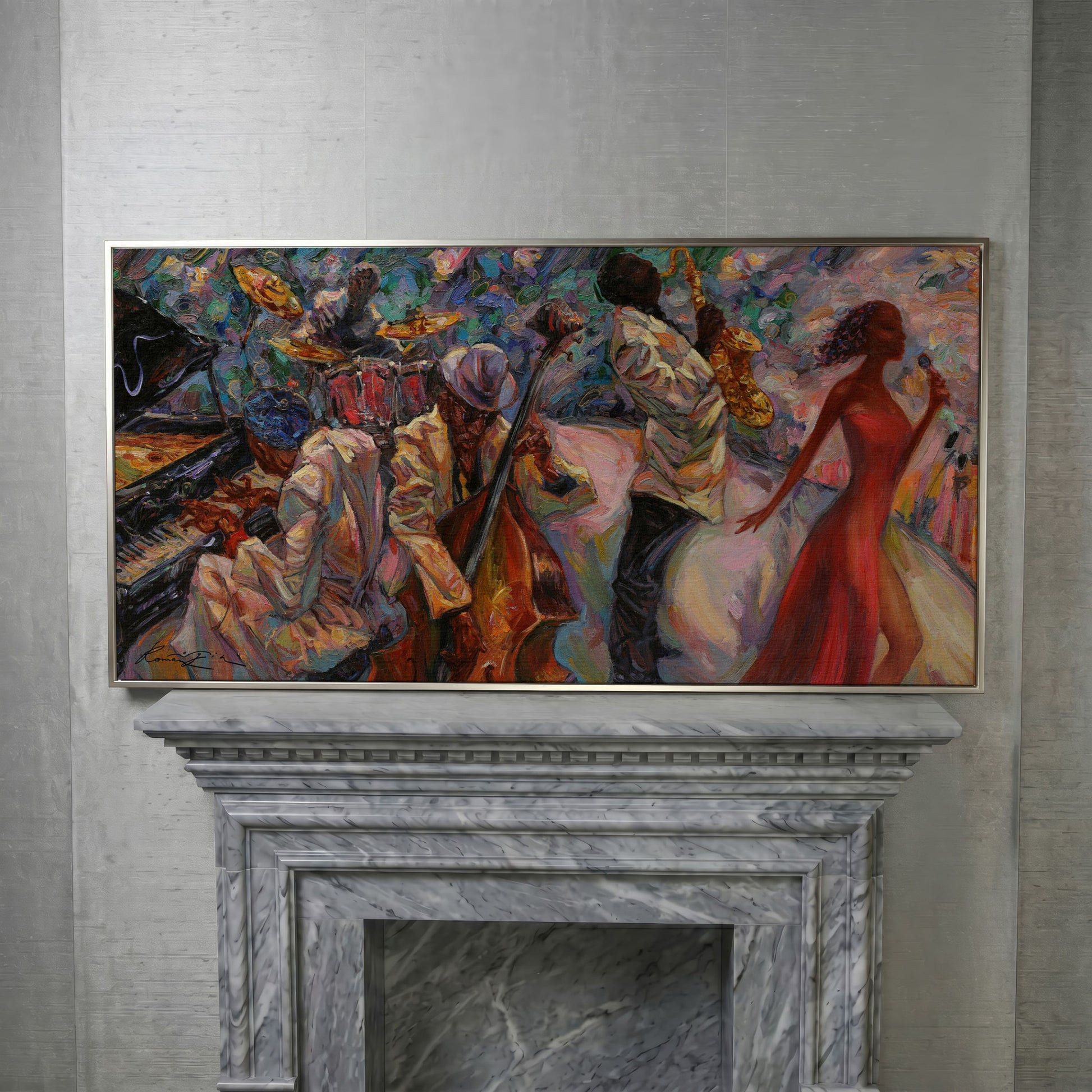 Jazz Band Canvas Art with Singer, Piano and Sax in silver floating frame