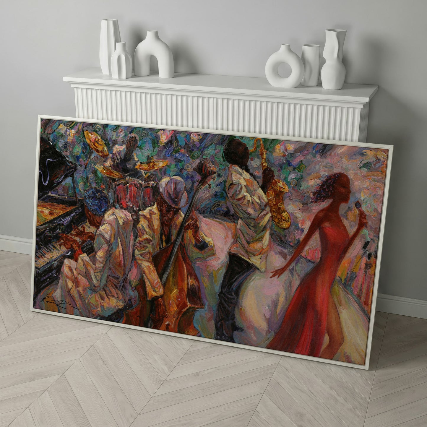 Jazz Band Canvas Art with Singer, Piano and Sax in white floating frame