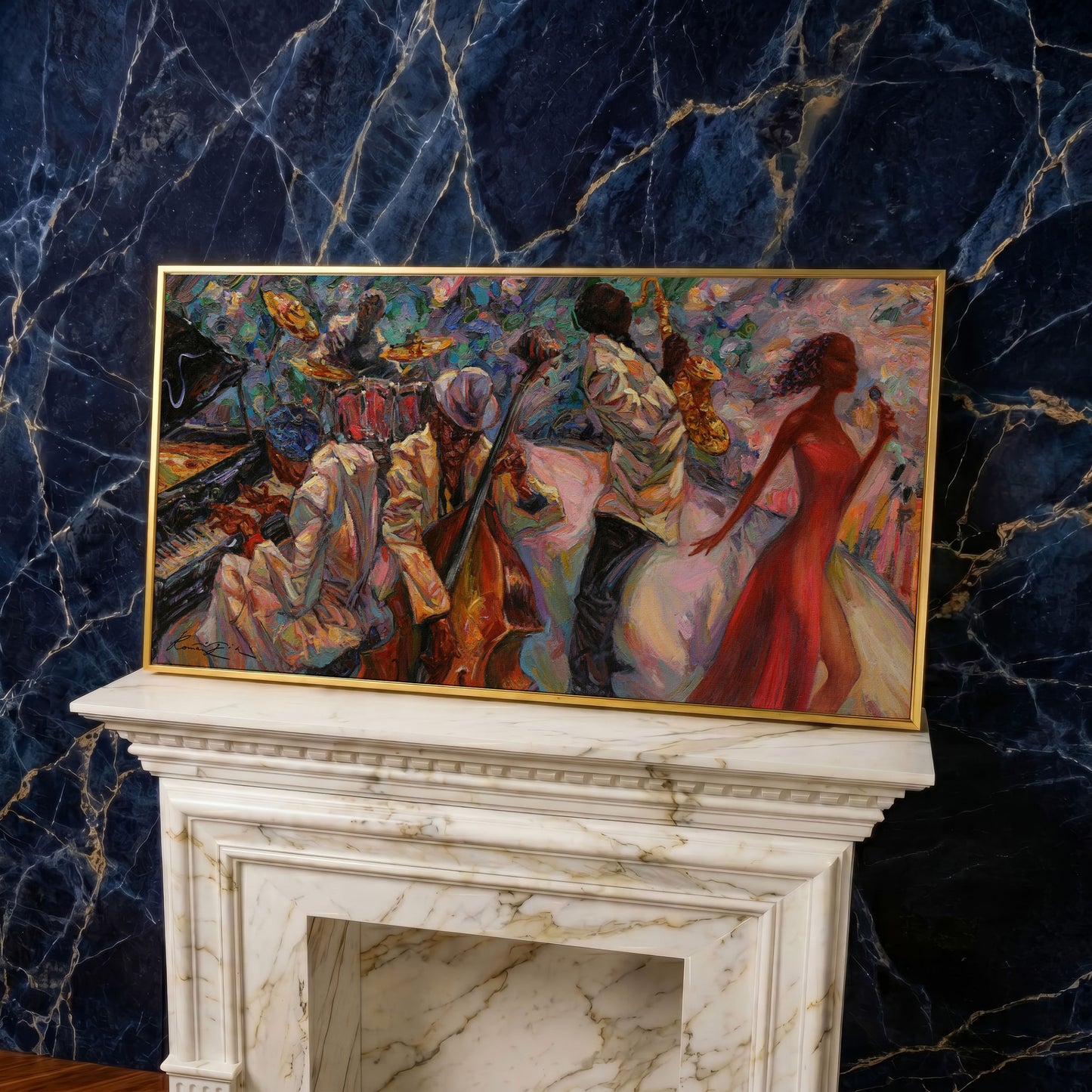 Jazz Band Canvas Art with Singer, Piano and Sax in yellow gold floating frame