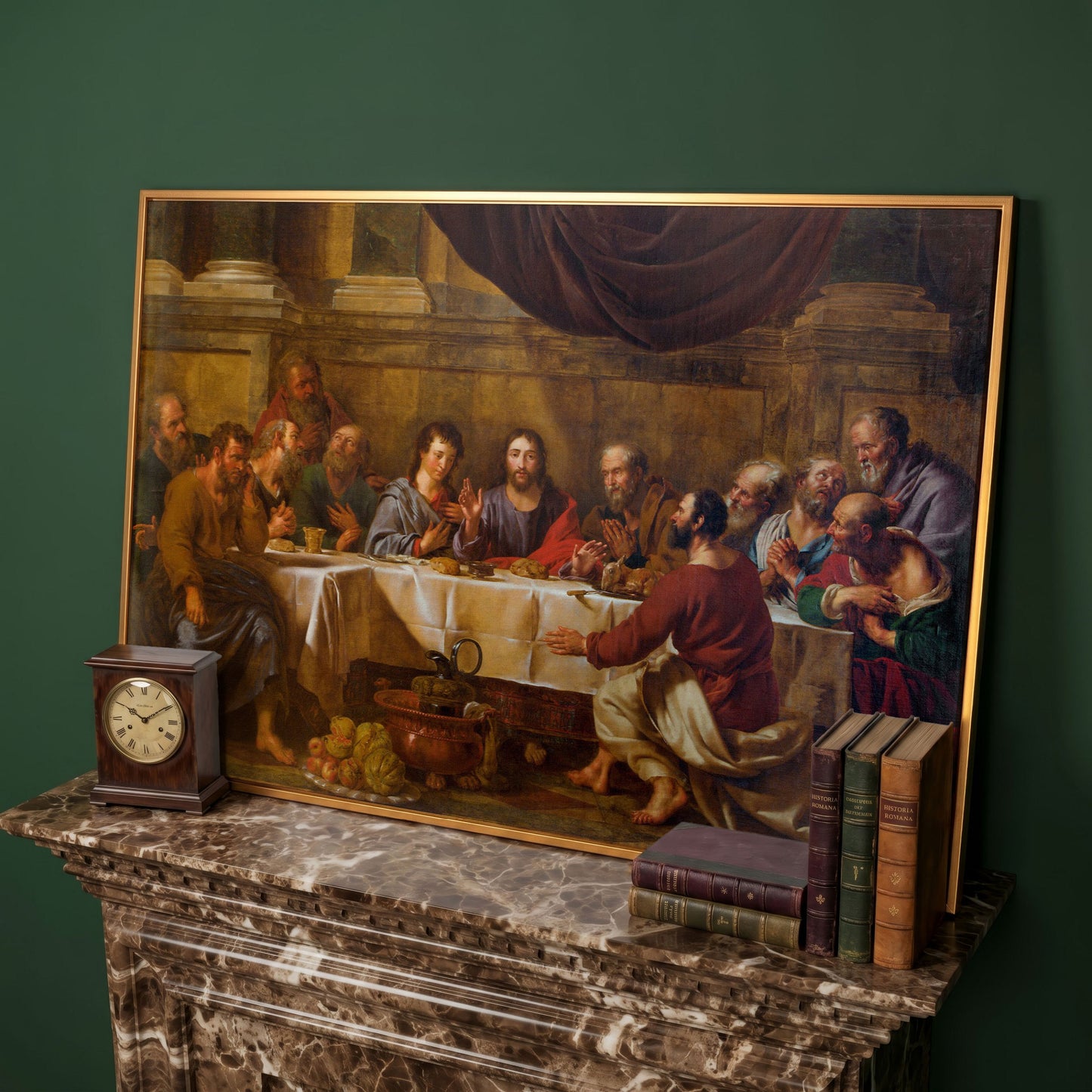 The Last Supper Canvas Wall Art, Jesus and Disciples in antique gold floating frame