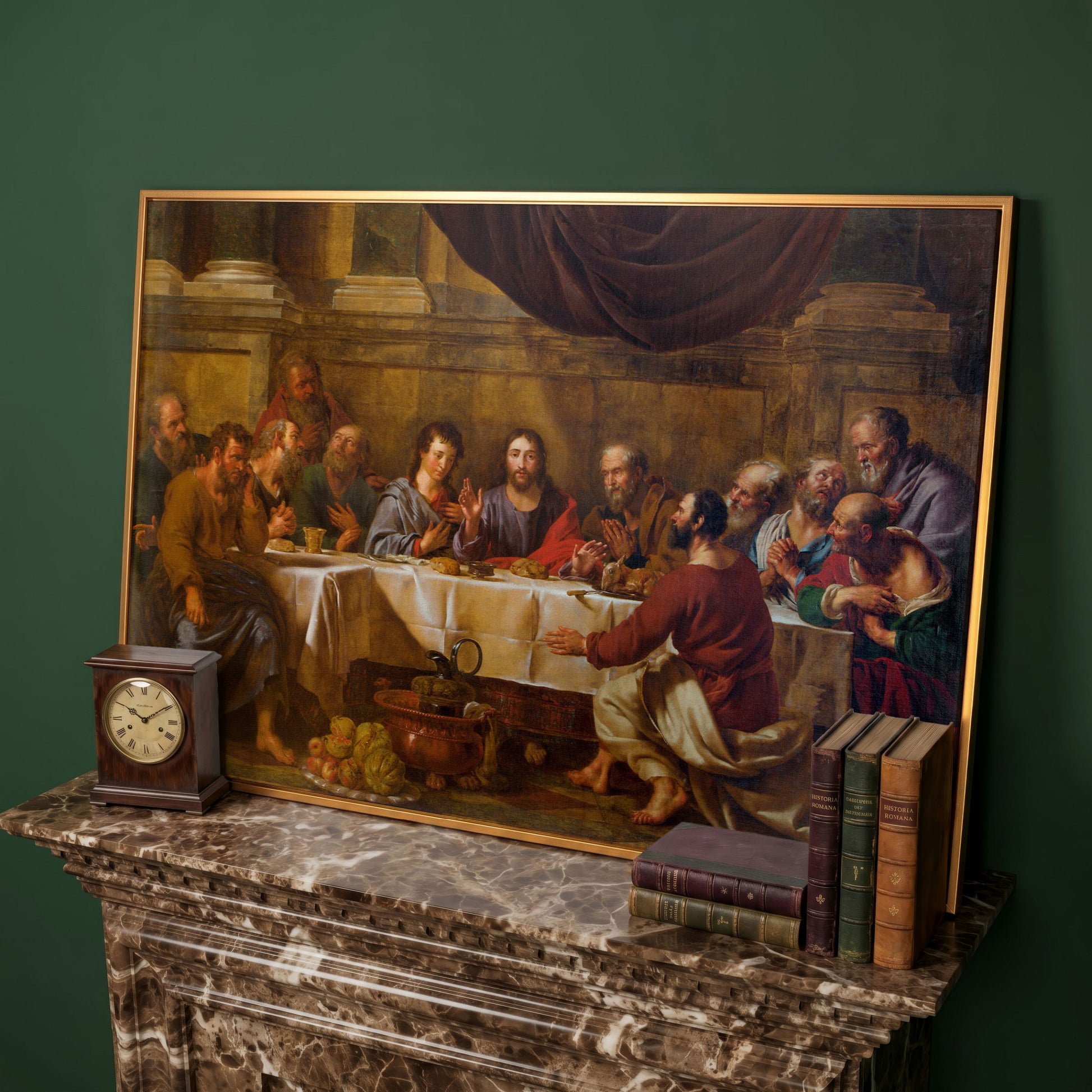 The Last Supper Canvas Wall Art, Jesus and Disciples in antique gold floating frame
