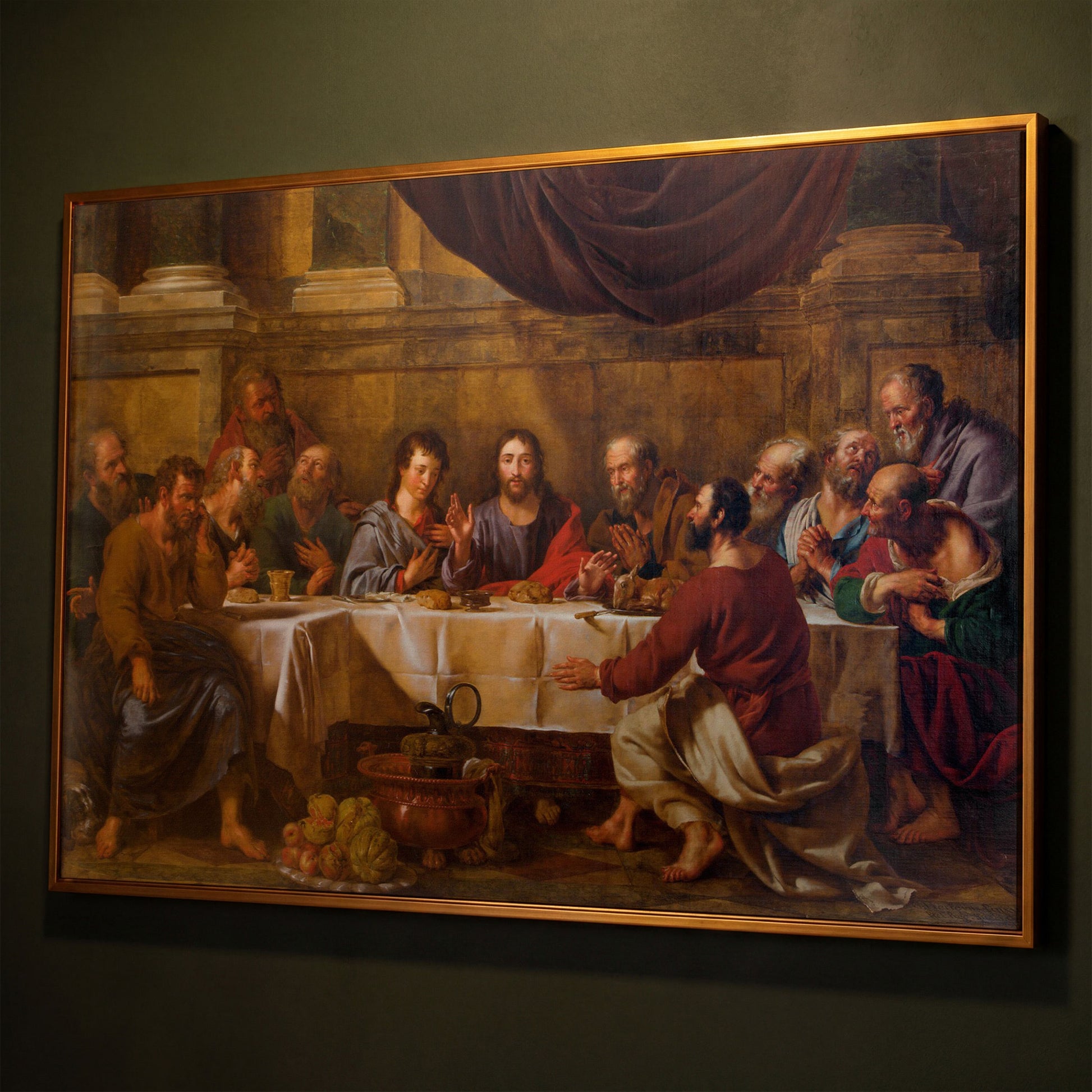 The Last Supper Canvas Wall Art, Jesus and Disciples shown in antique gold floating frame