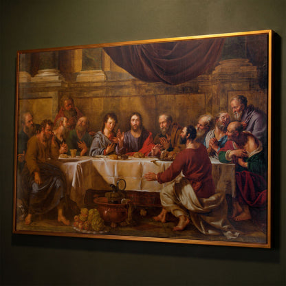 The Last Supper Canvas Wall Art, Jesus and Disciples shown in antique gold floating frame