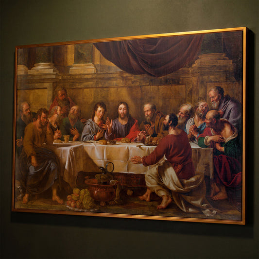 The Last Supper Canvas Wall Art, Jesus and Disciples shown in antique gold floating frame