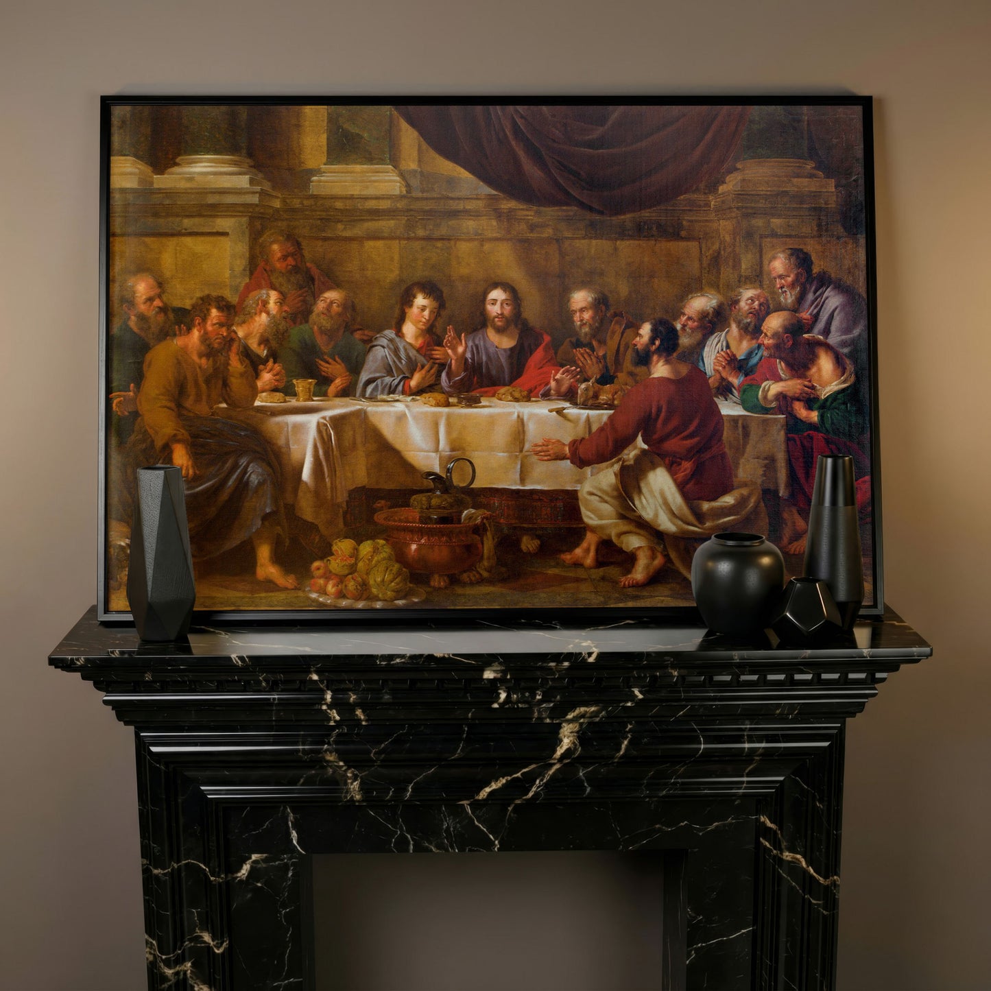 The Last Supper Canvas Wall Art, Jesus and Disciples in black floating frame