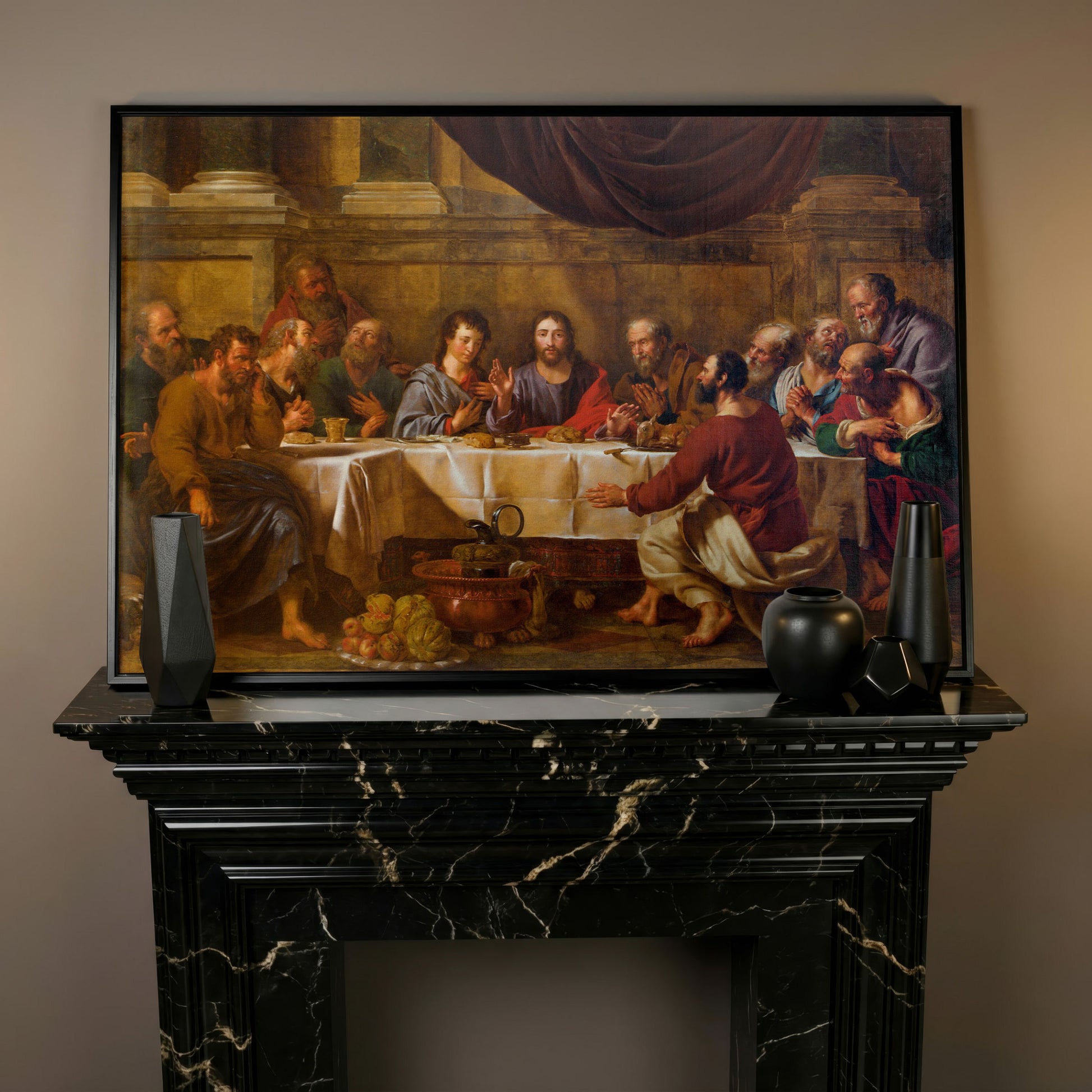 The Last Supper Canvas Wall Art, Jesus and Disciples in black floating frame