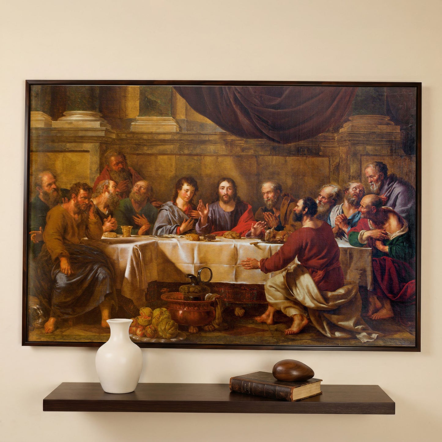 The Last Supper Canvas Wall Art, Jesus and Disciples in dark walnut floating frame