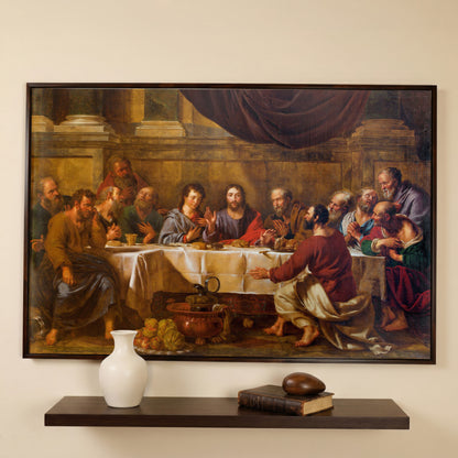 The Last Supper Canvas Wall Art, Jesus and Disciples in dark walnut floating frame