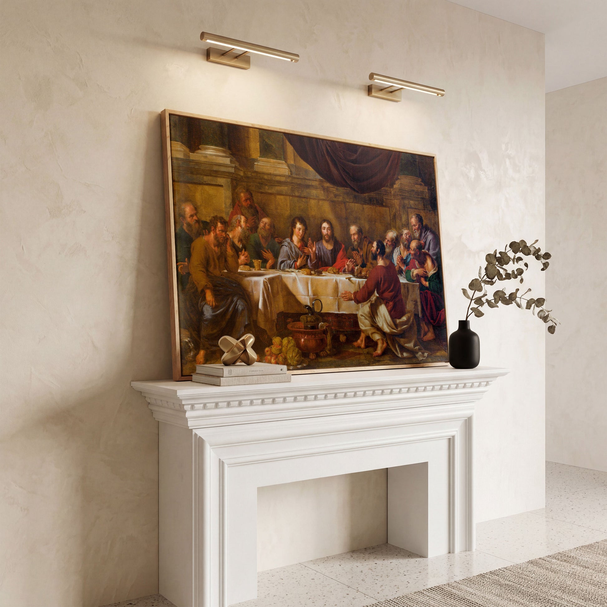 The Last Supper Canvas Wall Art, Jesus and Disciples in white oak floating frame