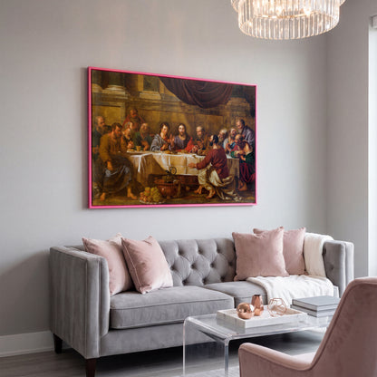 The Last Supper Canvas Wall Art, Jesus and Disciples in pink floating frame