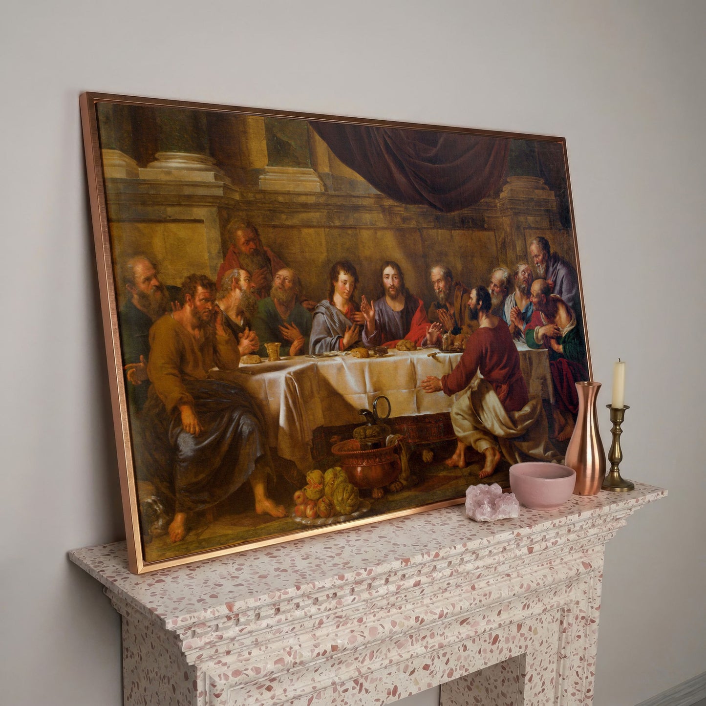The Last Supper Canvas Wall Art, Jesus and Disciples in rose gold floating frame