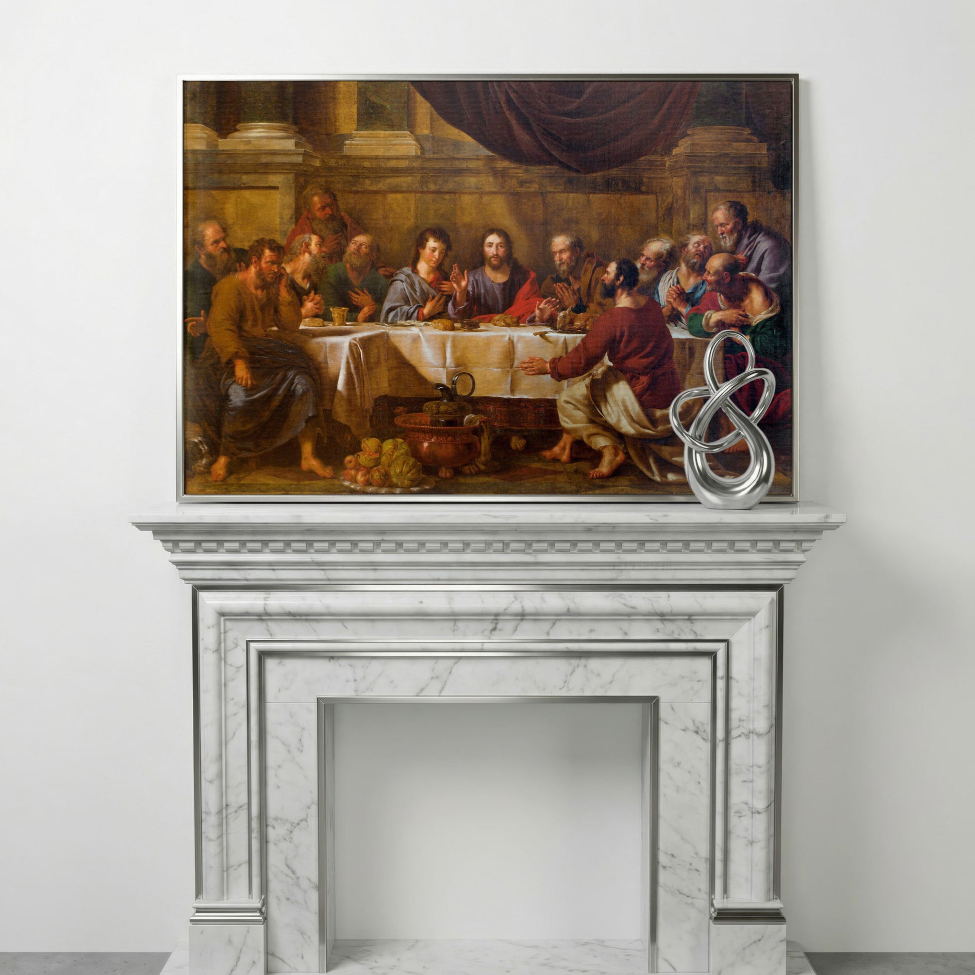 The Last Supper Canvas Wall Art, Jesus and Disciples in silver floating frame