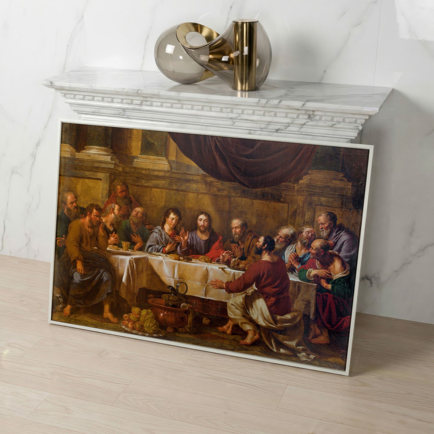 The Last Supper Canvas Wall Art, Jesus and Disciples in white floating frame
