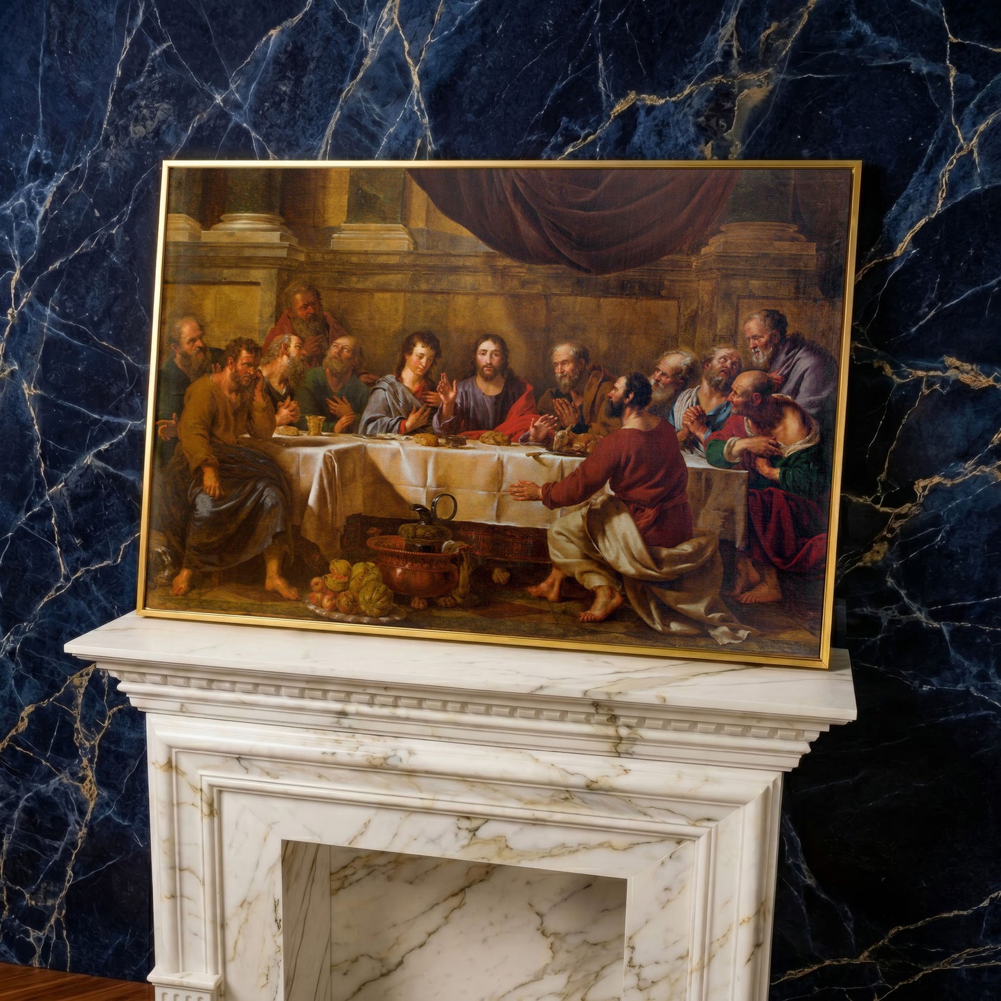 The Last Supper Canvas Wall Art, Jesus and Disciples in yellow gold floating frame