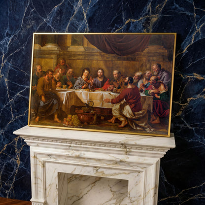 The Last Supper Canvas Wall Art, Jesus and Disciples in yellow gold floating frame