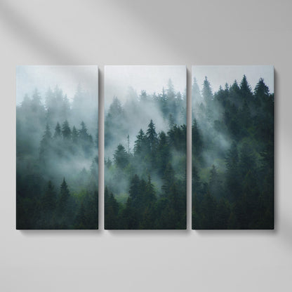 Misty Pine Forest Canvas Art, Fog Through Evergreens as 3-panel split version