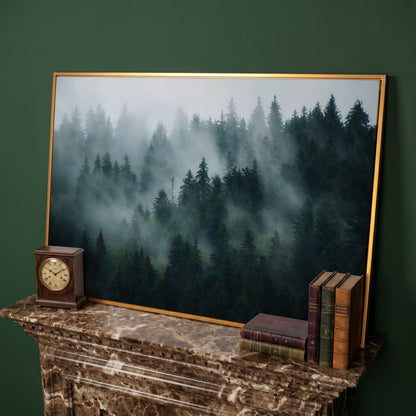 Misty Pine Forest Canvas Art, Fog Through Evergreens in antique gold floating frame